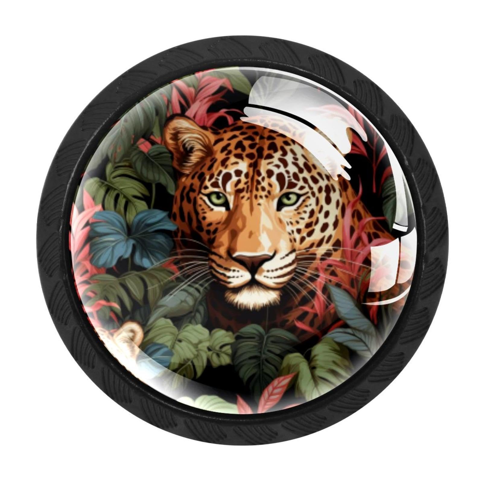 CHENZZZZ 4 Pieces Leopard Drawer Knobs, 35mm Black Kitchen Cabinet Knobs, Drawer Pulls and Knobs, Glass Cabinet Hardware Single Hole Knob for Cabinets and Drawers Round