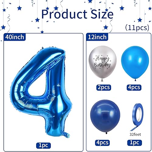 Miniatura 2 de Globo azul de 40 pulgadas con el número 4, globos de 4 cumpleaños, 11 globos plateados con impresión de cumpleaños, globos de látex azul claro