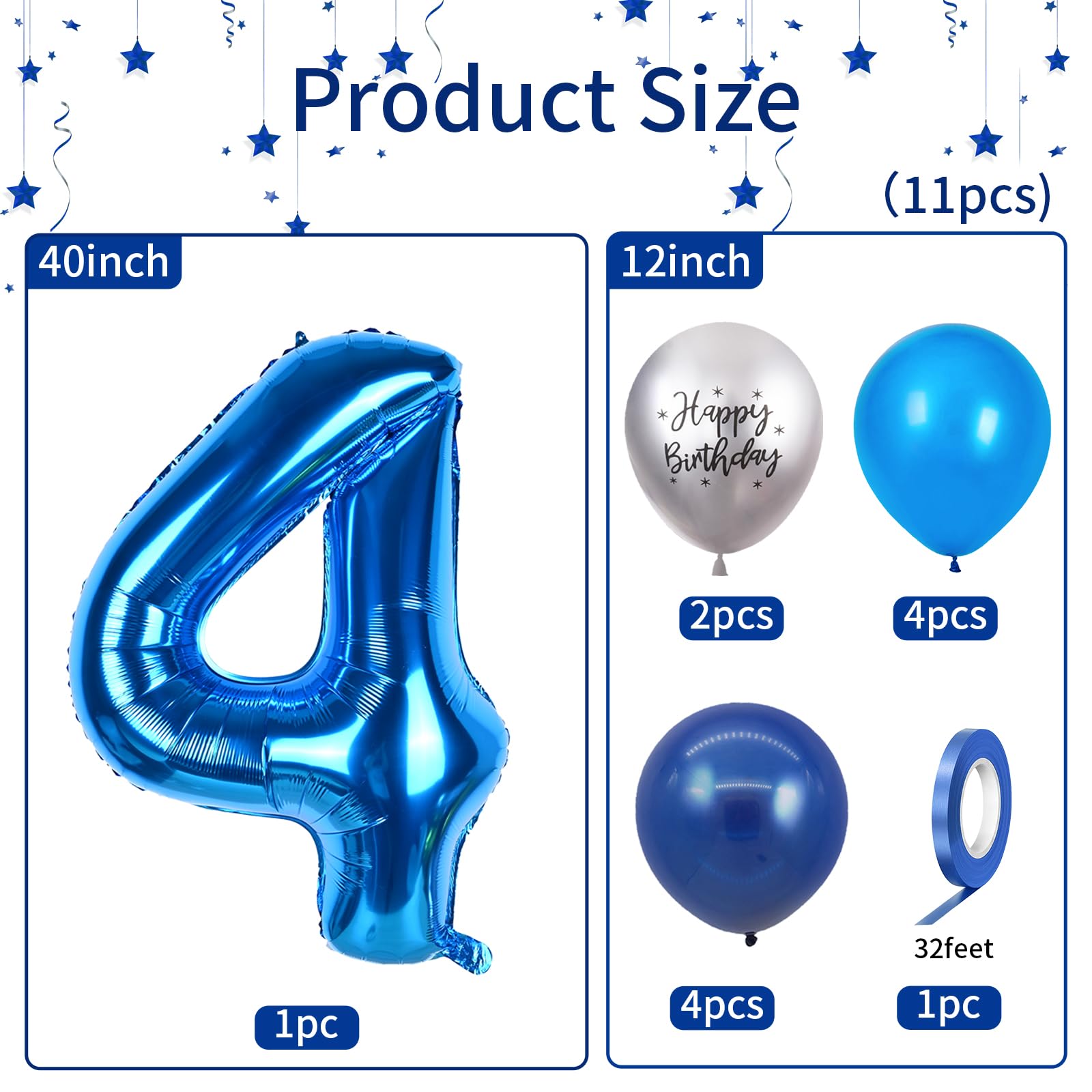 Amazon | 40インチのブルーの数字4バルーン、4歳の誕生日バルーン、11