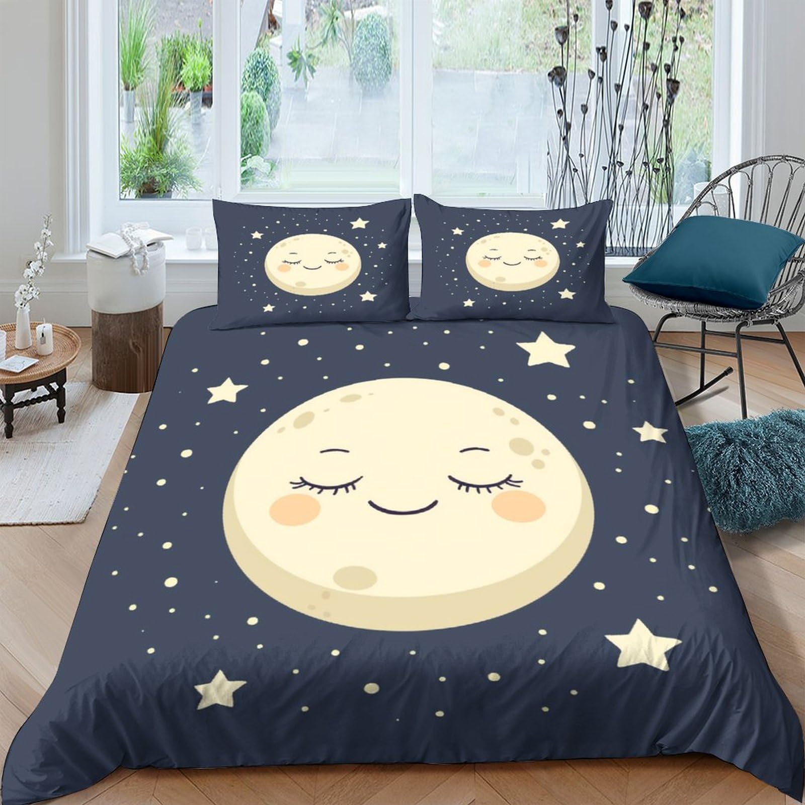 HEYLInGOHEYLInGO Moon 3D Printed Bedding Duvet Cover Set Lightweight and Comfortable Microfiber Stars Quilt Cover with Zipper for Kids Girls Boys Room Decor 1 Duvet Cover with 2 Pillow Case Queen（228x228cm）