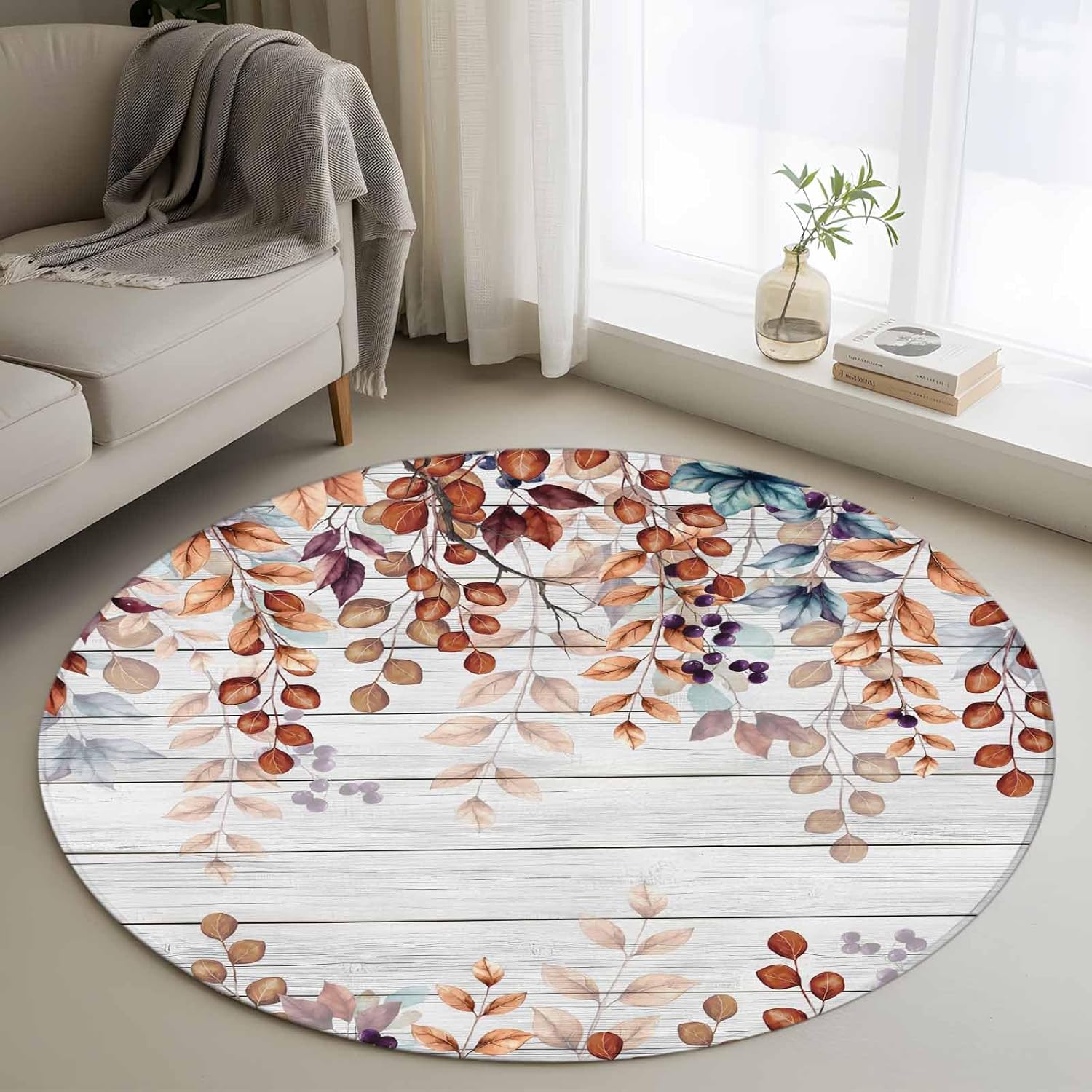 DecorLovee Small Round Rug 3Ft Washable Non-Slip, Orange Brown Eucalyptus Leaves Circle Area Rugs for Living Room Bedroom, Botanical Farm Rustic Wood Indoor Floor Mats Carpet Runner for Home Decor