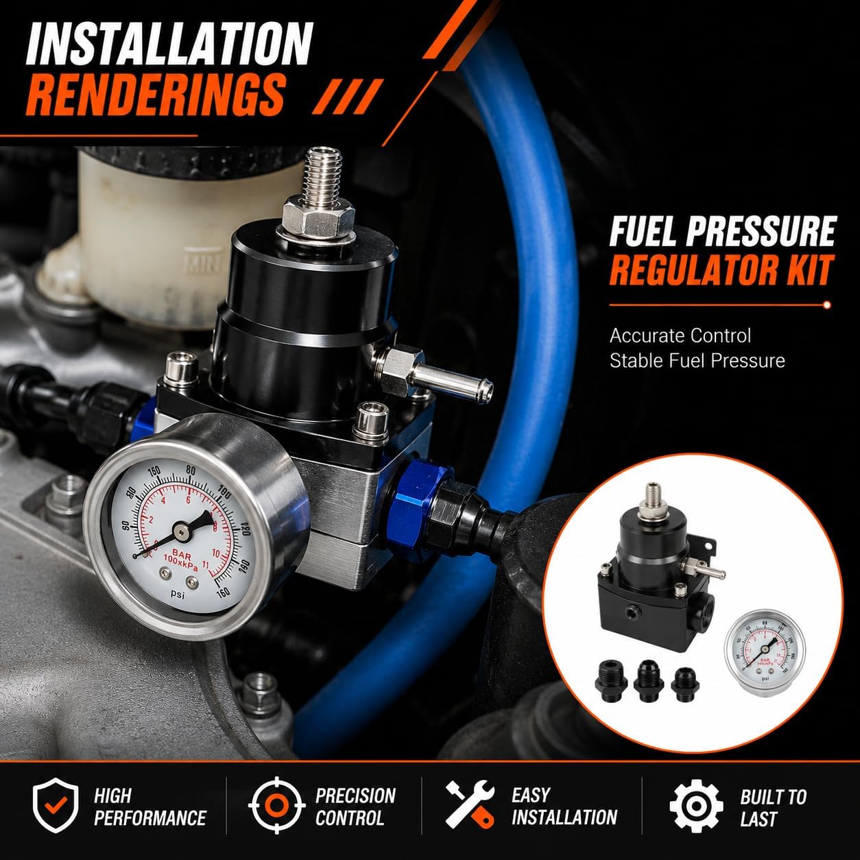 Adjustable Fuel Pressure Regulator Kit with Silver Oil Gauge 0-160PSI, AN8 Feed Fittings, AN6 Return Line, AN8 End Cap for Precise Fuel Control, Black