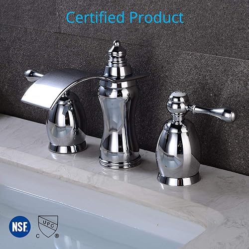 Miniatura 5 de Wovier llave de fregadero de baño, estilo cascada, de bronce ennegrecidoníquel cepilladocromo, dos manijas, tres orificios para vasija, ancho