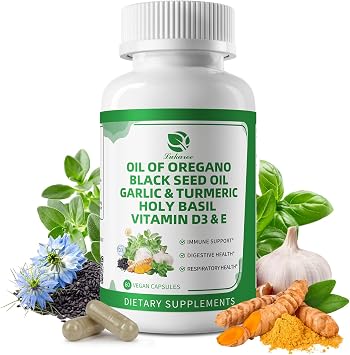 Organic Oil of Oregano Capsules with Black Seed Oil, Garlic, Turmeric, Holy Basil, Vitamin D3, E & Black Pepper for Better Absorption Immune, Digestive & Respiratory Vegan, Non-GMO, 2 Month Supply