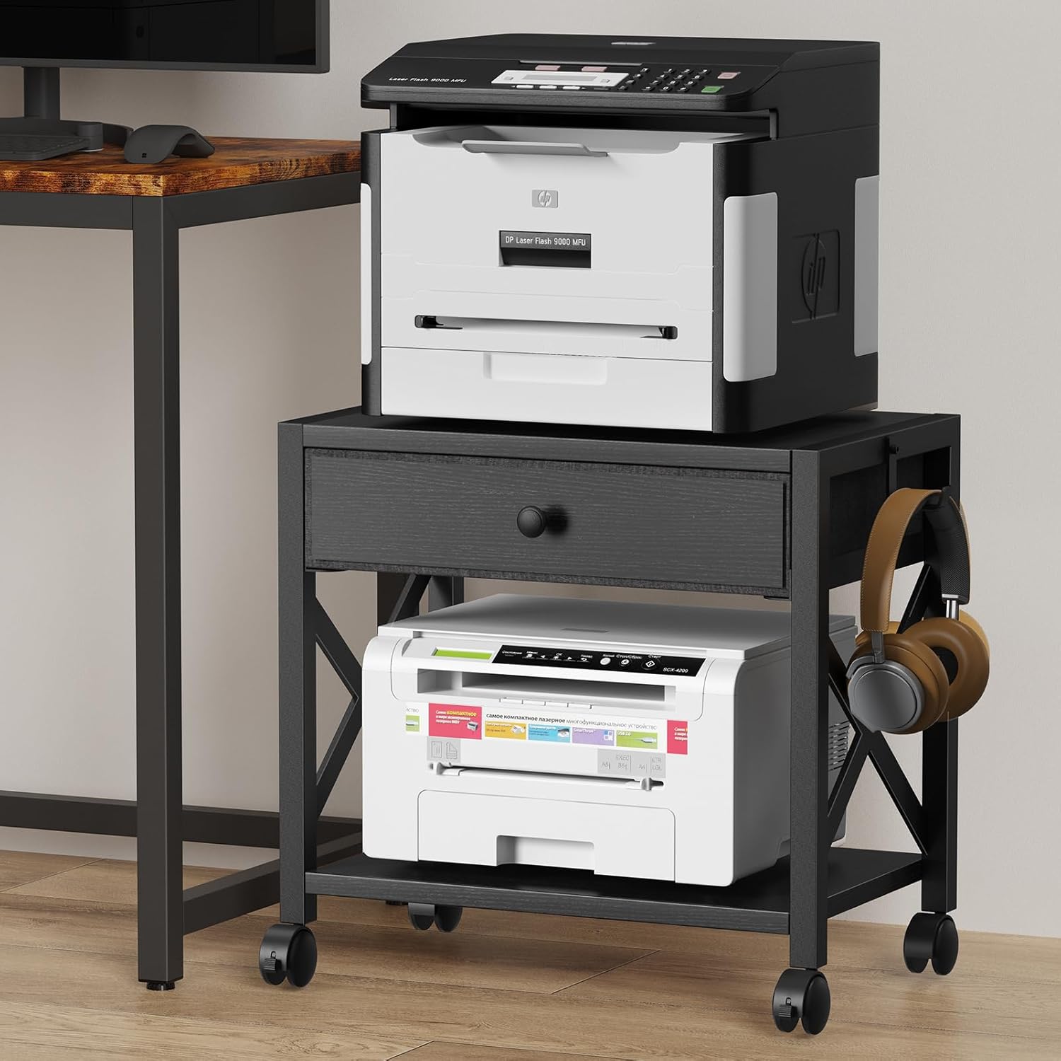 EasyCom 2-Tier Desktop Printer Stand with Large Drawer, Under Desk Storage with Wheels, Small Shelf with Storage for Paper Storage Printer Scanner Fax Home Office Use Black Black Medium