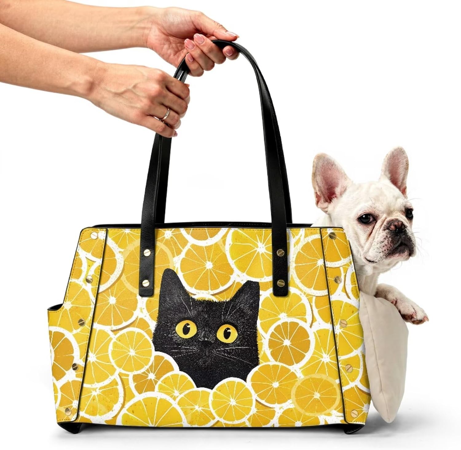 Black Cat Leather Cat Carrier for Small Dogs Sunflower Collapsible Pet Soft Sided Carrier Purse Waterproof Travel Tote Bag for Puppy Outdoor