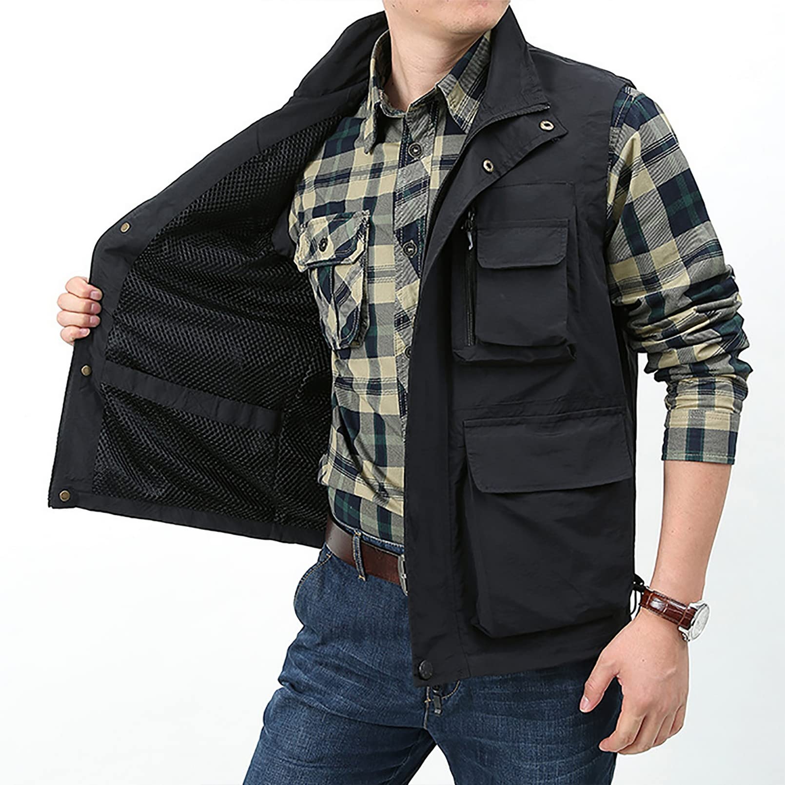 BOOMLEMON Chaleco de trabajo casual para hombre, estilo casual, para actividades al aire libre, safari, pesca, tiro, chaqueta cargo ligera con múltiples bolsillos
