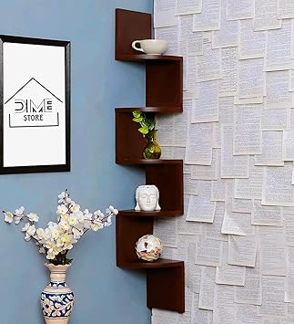 Dime Store Wooden Wall Shelves | Corner Wall Shelf | Hanging Corner Shelves for Living Room, Floating Wall Mounted Shelfs 5 Tier for Home Decoration Items
