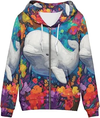 Loose Fit Zip Up Hoodies for Women Comfy Soft Floral Animal Hoodie with Pocket Women Graphic Sweatshirt