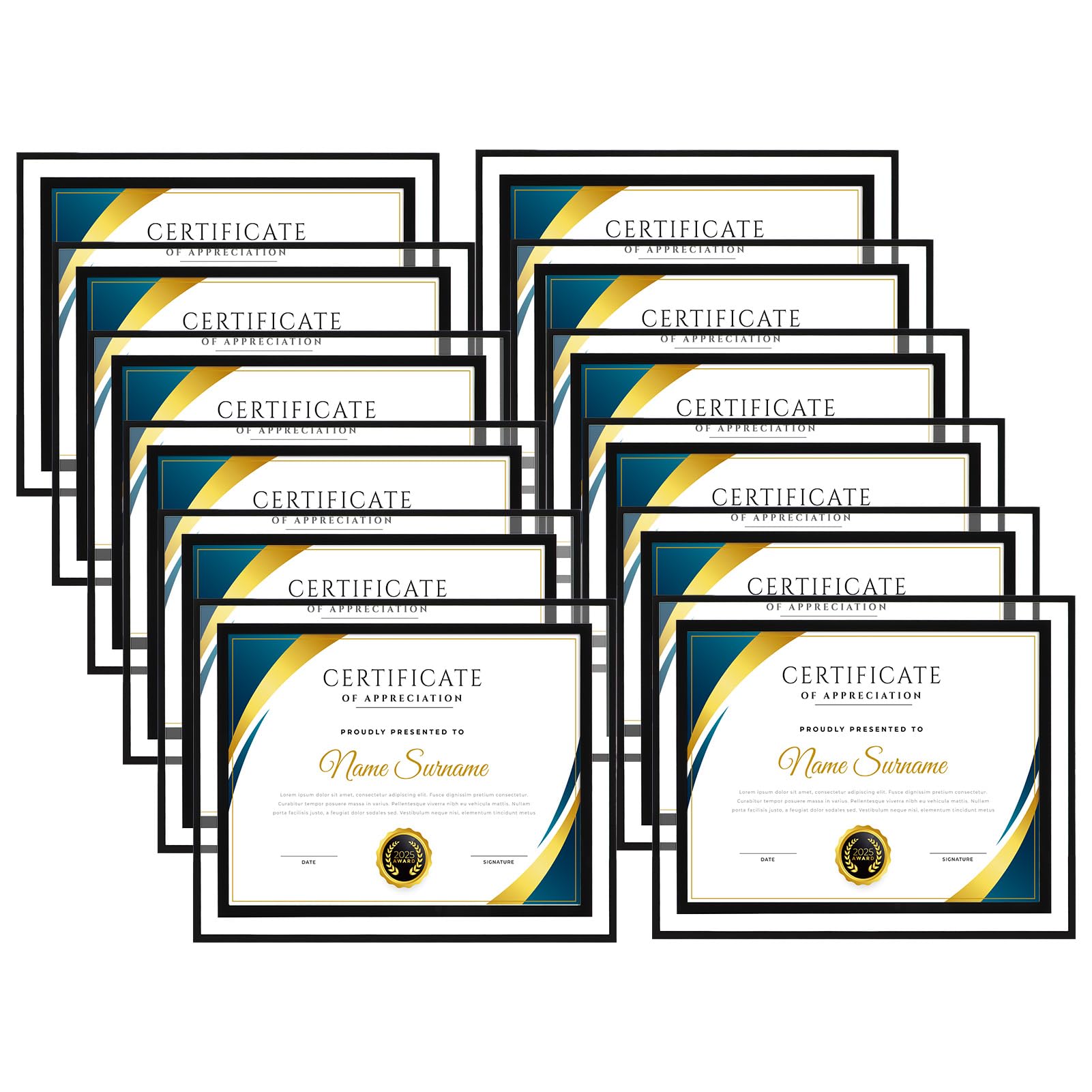 Marcos de fotos certificados de 8.5 x 11 pulgadas, juego de 12, marcos de fotos de vidrio a granel con borde negro para premios de