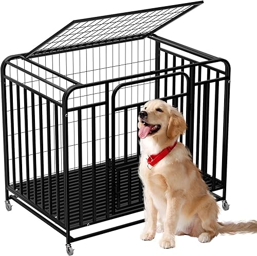 Heavy Duty 42'' Dog Kennel Indoor Easy to Clean, 4 Lockable Wheels Extra Large Dog Crate with Removable Tray, Escape-Proof Large Dog Crate for