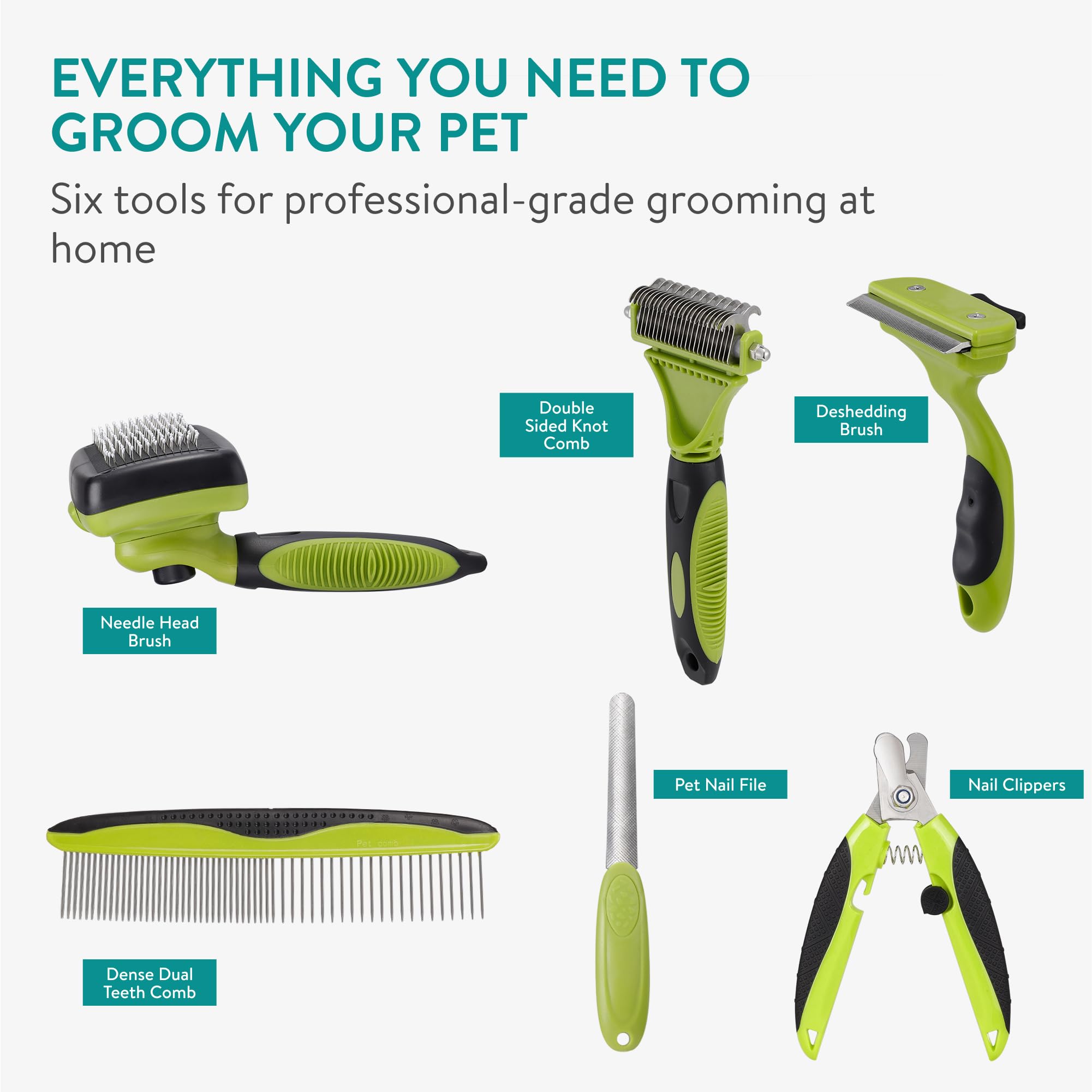 Navaris Pet Grooming Kit, 6pcs for Dog Cat, Puppy, and Rabbit, De-shedding and De-matting Brushes, Comb, Nail Clipper, File - Image 2
