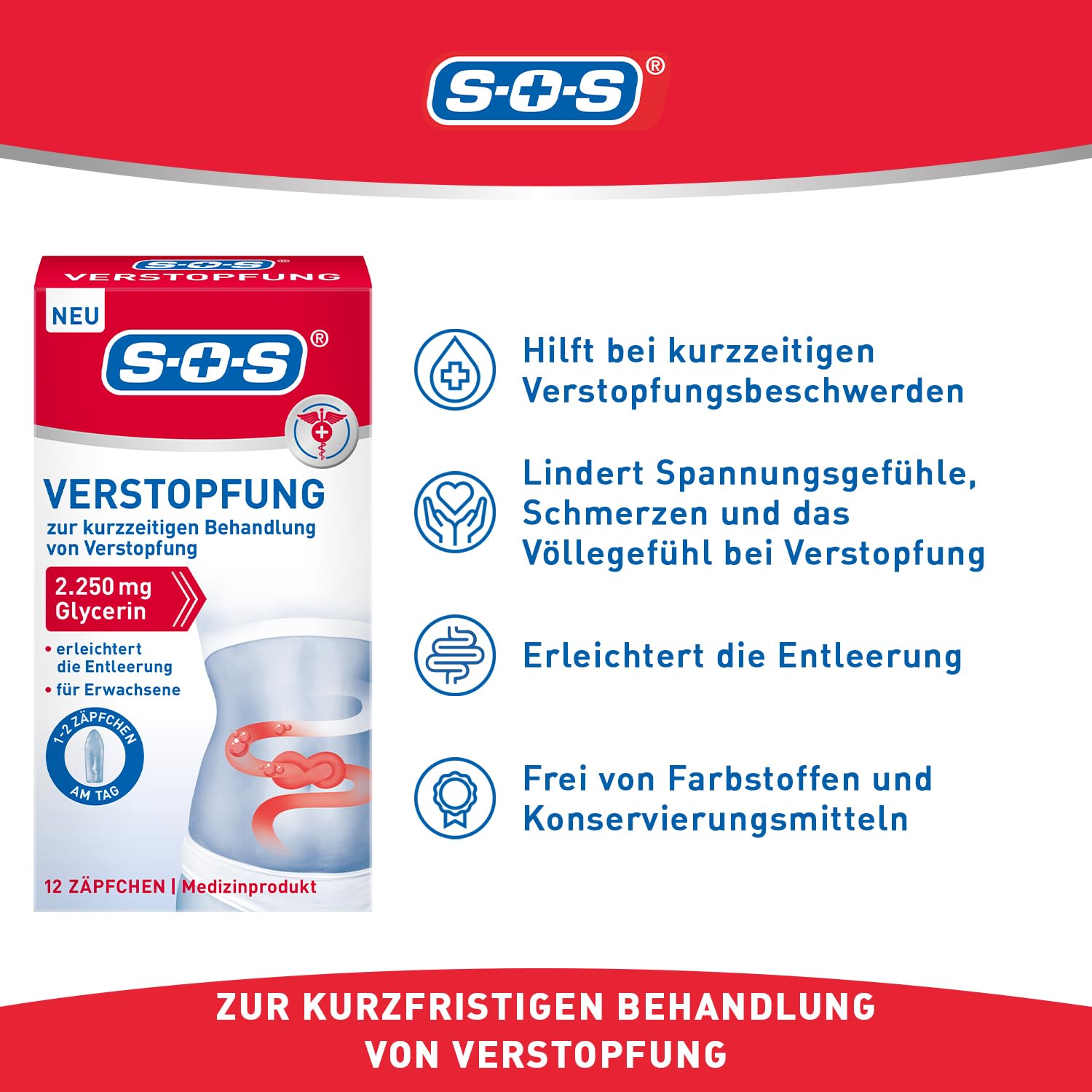 SOS Verstopfungs-Zäpfchen | Zur kurzfristigen Behandlung von Verstopfung | 2.250 mg Glycerin | 6 x 12 Zäpfchen für Erwachsene