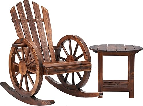 Miniatura 8 de AHB Mecedora de madera para exteriores, decoración de ruedas de carro, reposabrazos para patio, mecedora con diseño de rejillas, mecedora Adirondack
