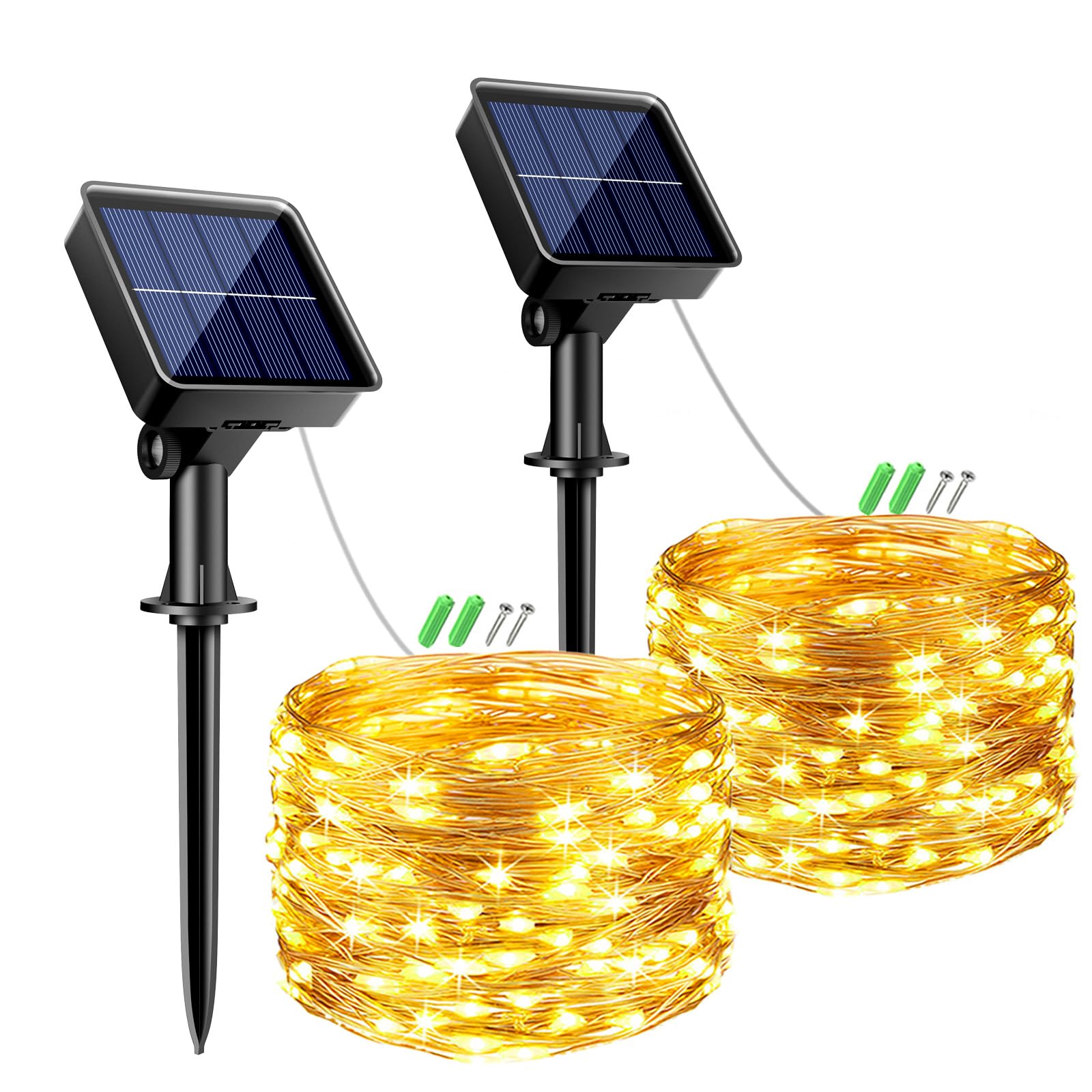 btfarm 2 Pack Solar String Lights Outdoor Garden, Total 12M 120 LED Fairy Lights Solar Powered 8 Modes, Copper Wire Solar Lights for Decorating Garden, Yard, Tree, Christmas, Warm White