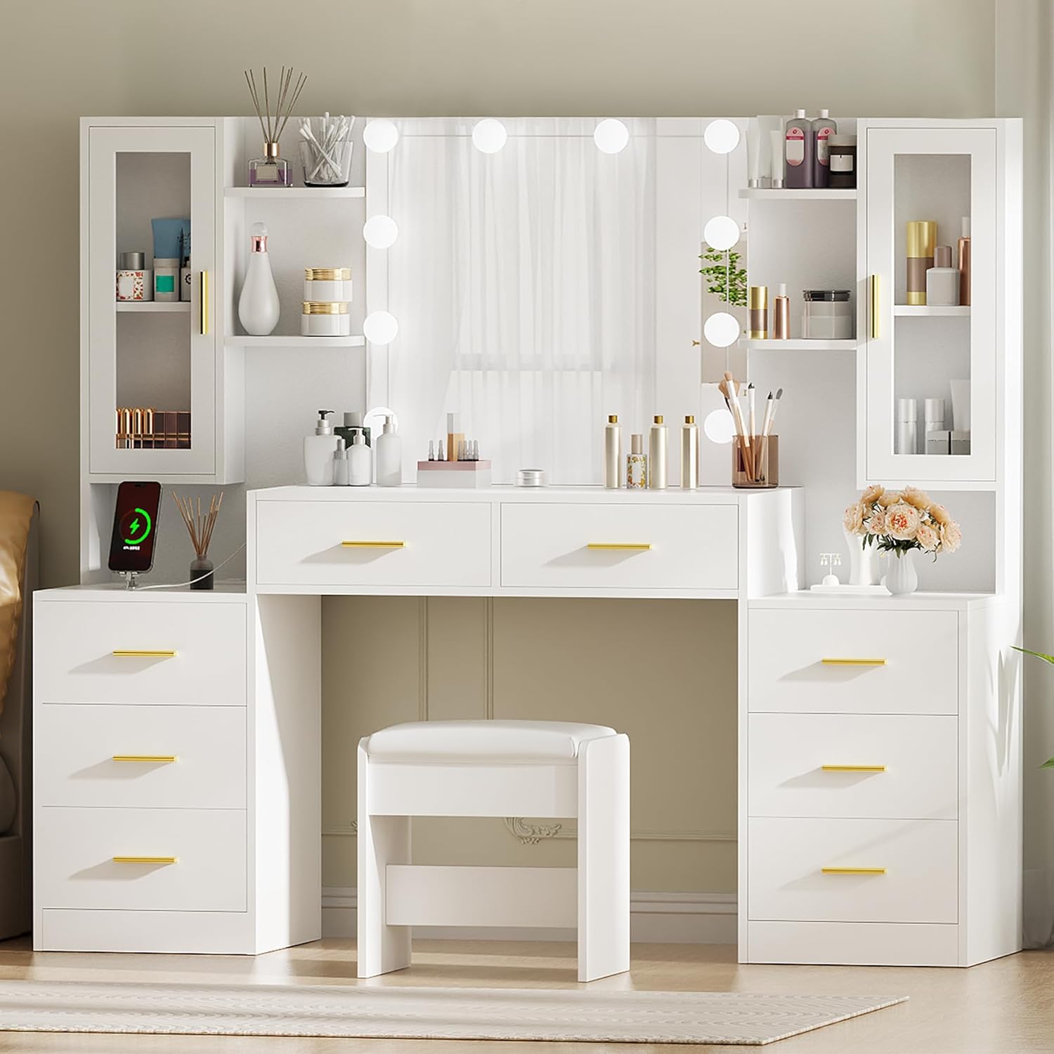 ANWBROAD 59.1" Large Vanity Desk Table with Mirror & Lights White Makeup Vanity with Power Outlet and 8 Drawers 2 Cabinets 3 Lighting Modes Adjustable Vanity Table for Bedroom Dressing Room UBDT67W