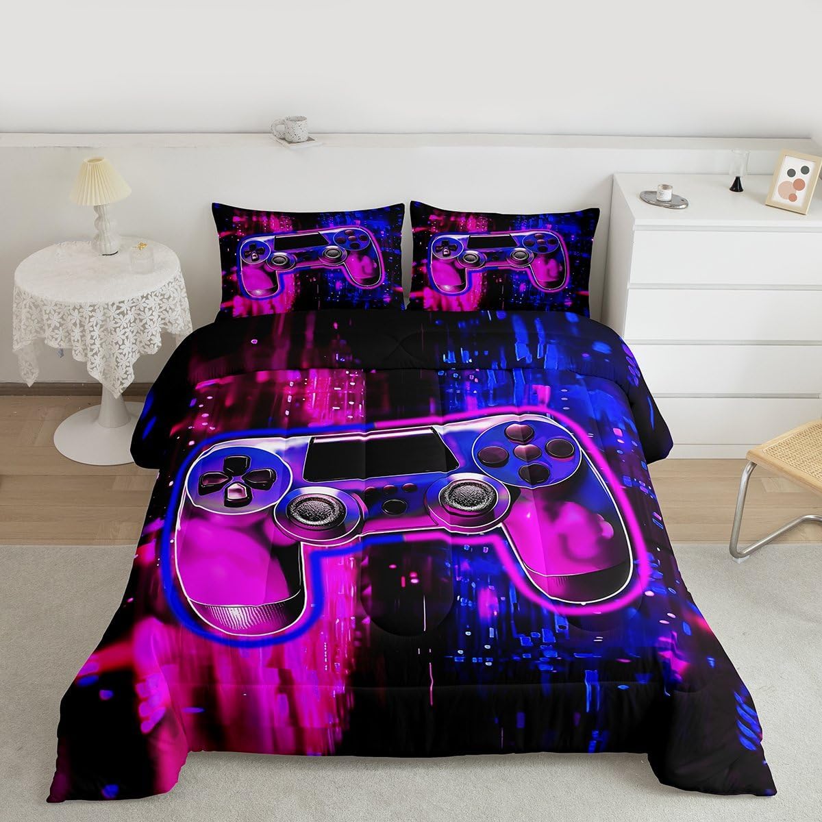 Manfei Gaming Comforter Set Full Size, Rose and Blue Gamepad Down Comforter with 2 Pillowcases, Video Games Bedding Set 3pcs for Kids Boys Teens Adults Bedroom Decor Modern Gamer Duvet Insert