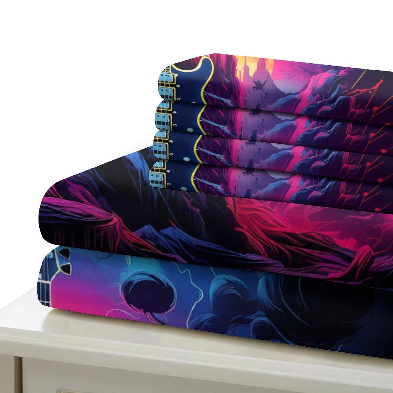chitarra elettrica Impressione 3D 3 pz fodera per edredone fantasia rock al neon coperteletto microfibra ipoallergenica antiacari per ragazze adolescenti donne Super king（260x220cm）