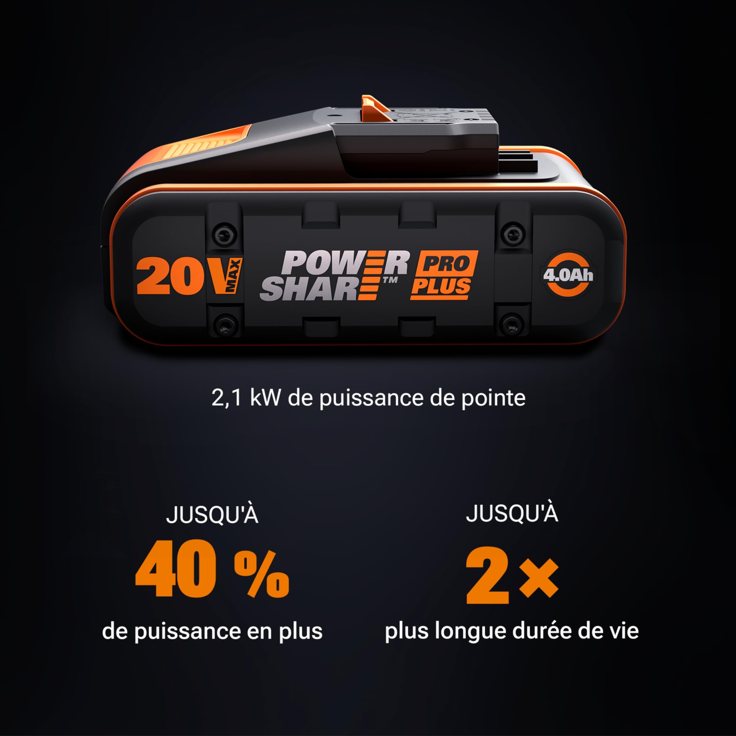 WORX Batterie Powershare Pro Plus 20V 4Ah WA3646, Batterie à Cycles Longs, avec Technologie Haute Performance, Indicateur Intégré, Compacte et Légère, Compatible avec Tous Les Outils WORX