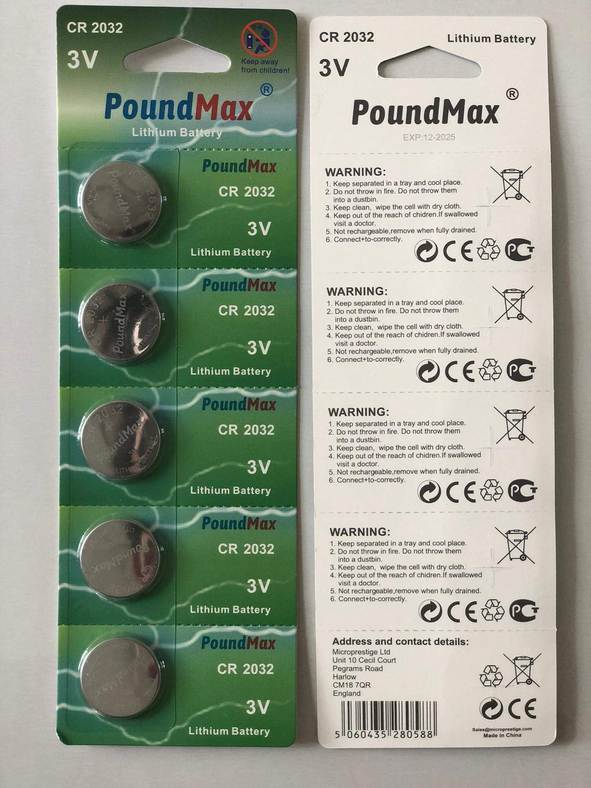 Poundmax Ogniwo Guzikowe CR2032 3V Litowe Baterie, 10 Sztuk