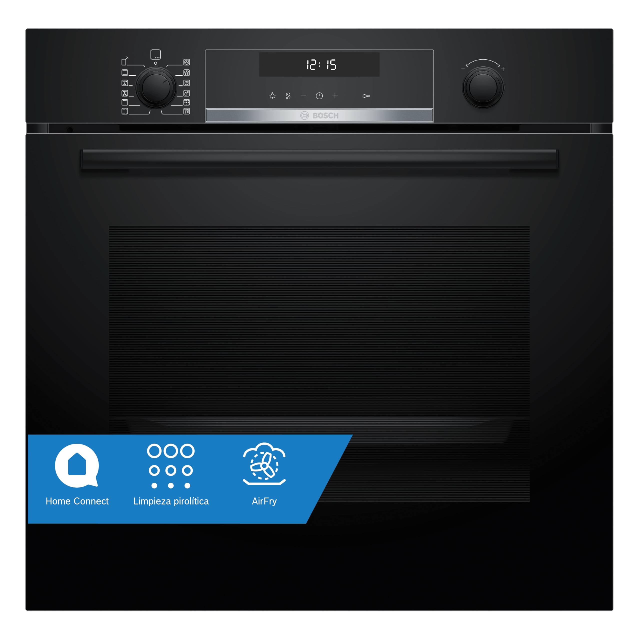 Bosch, Horno Multifunción, Serie 6, Pirólisis, AirFry, negro, HBG578EB7 | Cocina fritos más sanos y olvídate de limpiar el horno con la limpieza pirolítica.