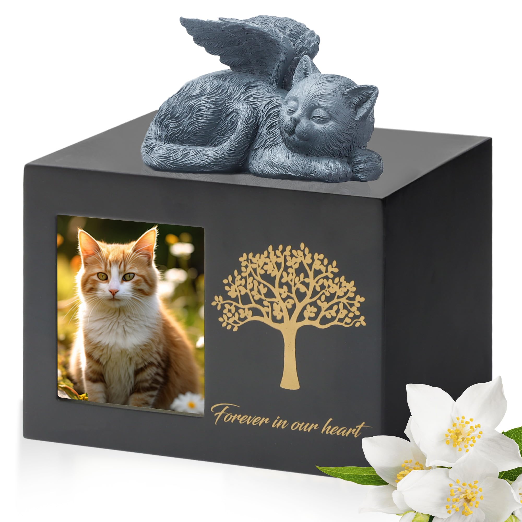 Urnes pour chat - Boîte de crémation en bois - Urne noire avec statue de chat en résine et pochette en velours