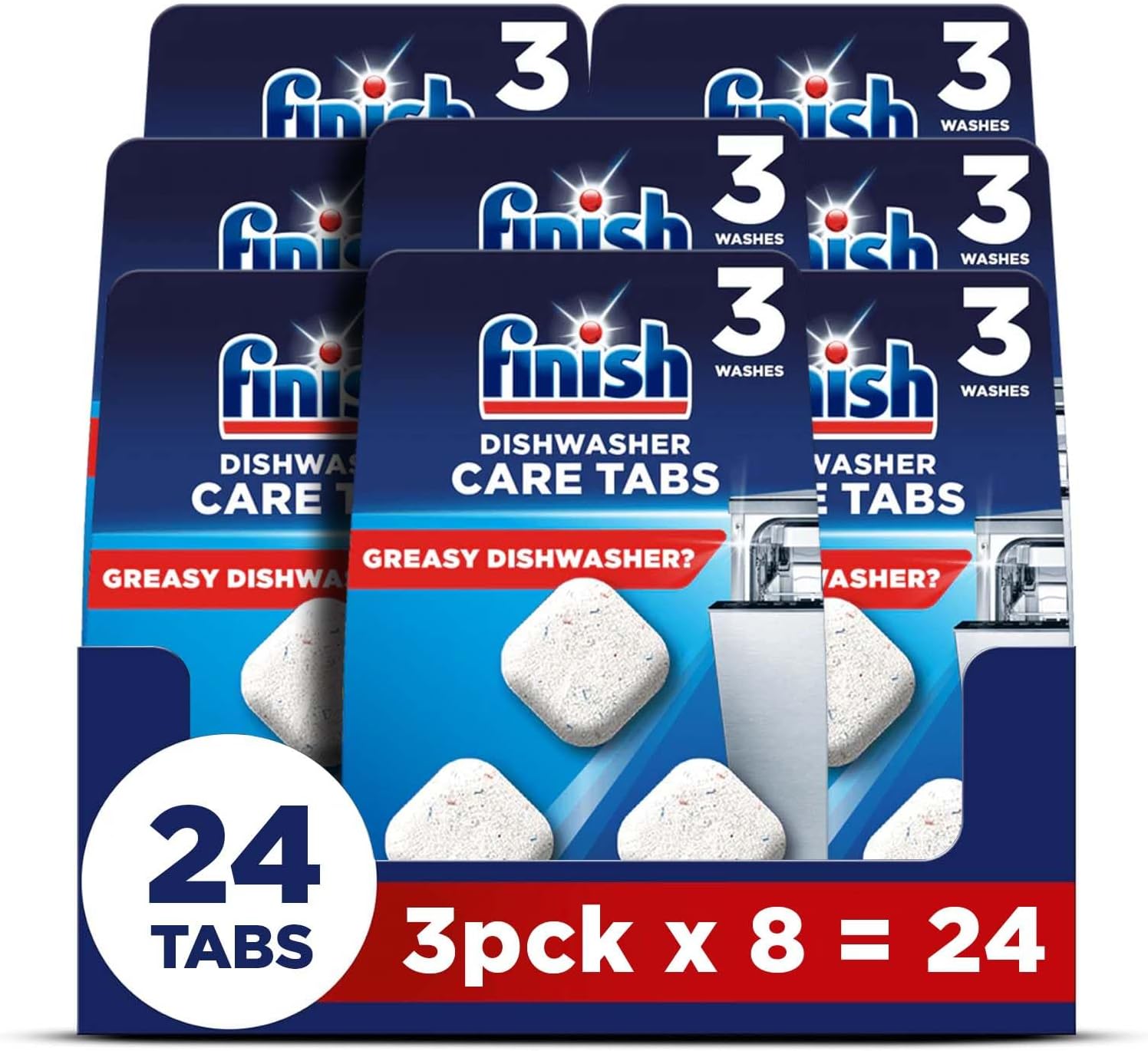 Dishwasher Cleaner, in-Wash Tablets, 24 Tabs, Bulk (3 x 8 pck), Cleans Hidden Parts, 100 Percent More Grease Removal Actives Than Detergent Alone