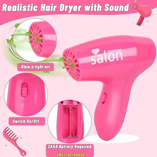 Miniatura 10 de Gifts2U Juguetes de peluquería para niñas, 26 piezas realistas para niñas, juego de salón de belleza con secador de pelo, delantal de disfraz de