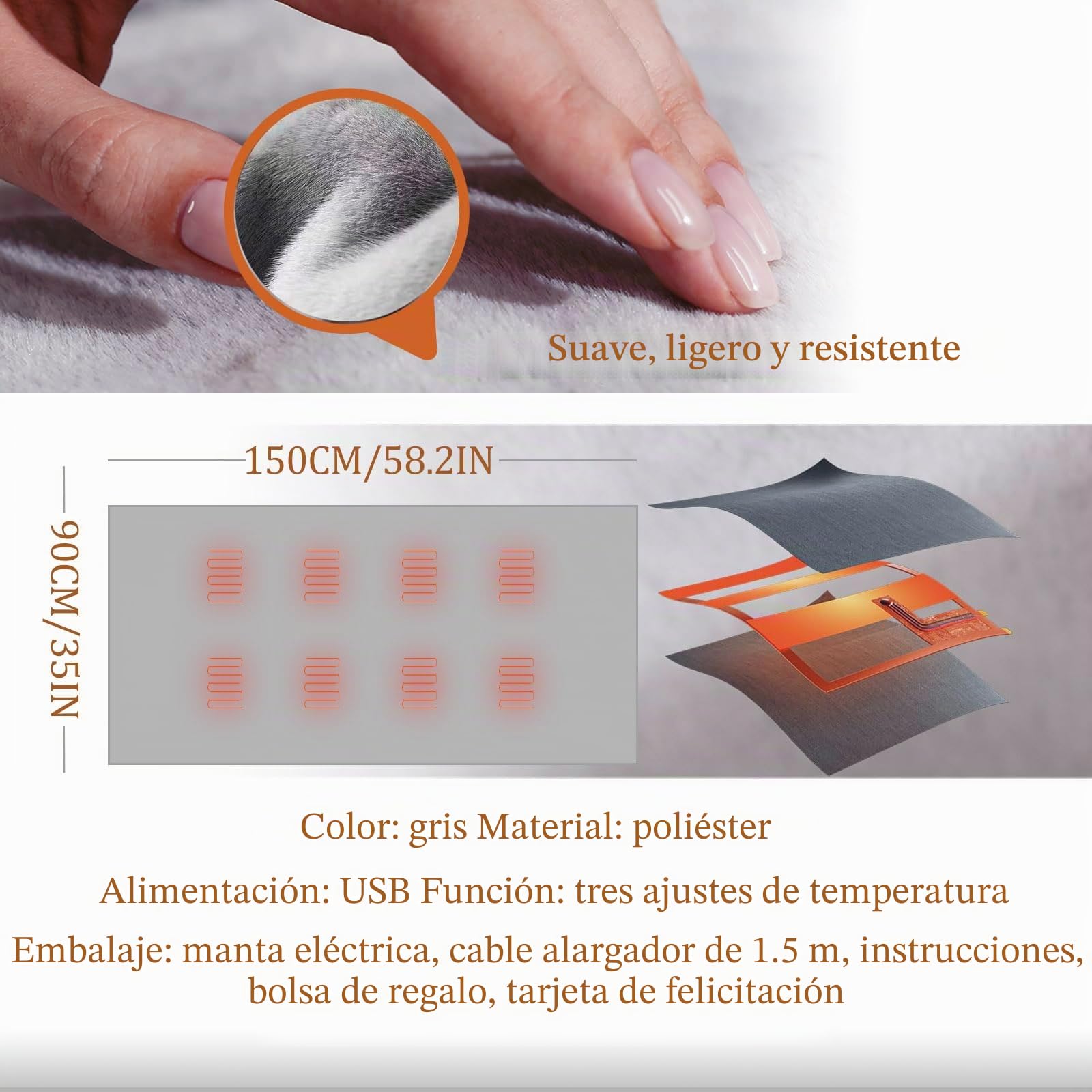 Manta Térmica Wearable | USB, Portátil, Lavable | 3 Temperaturas | Ideal para Senderismo, Coche, Trabajo | Funciona con Power Bank, Batería Externa o Enchufe