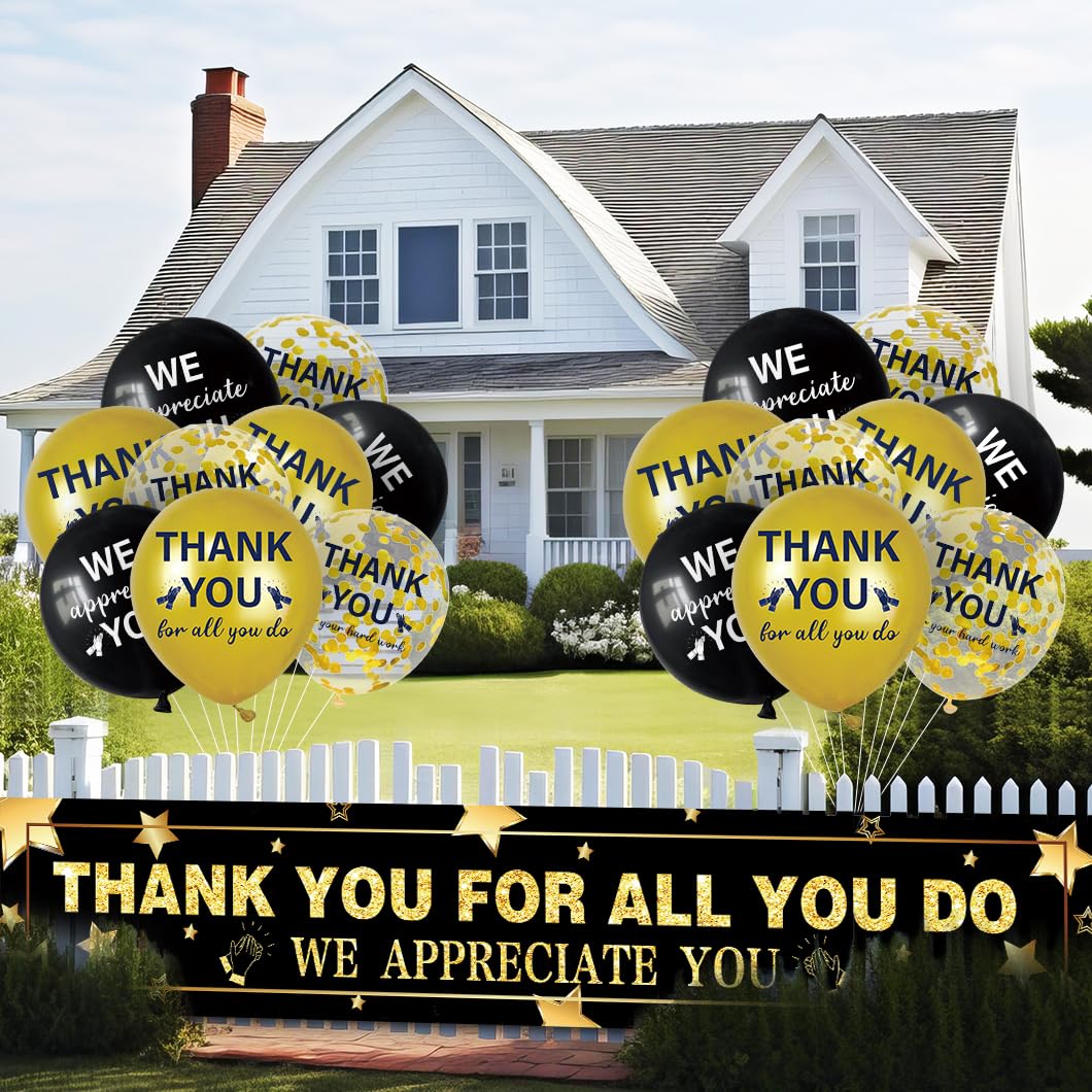 We Appreciate You Banner & Balloons Set - Black Gold Thank You Decor For Teacher Staff Nurse
