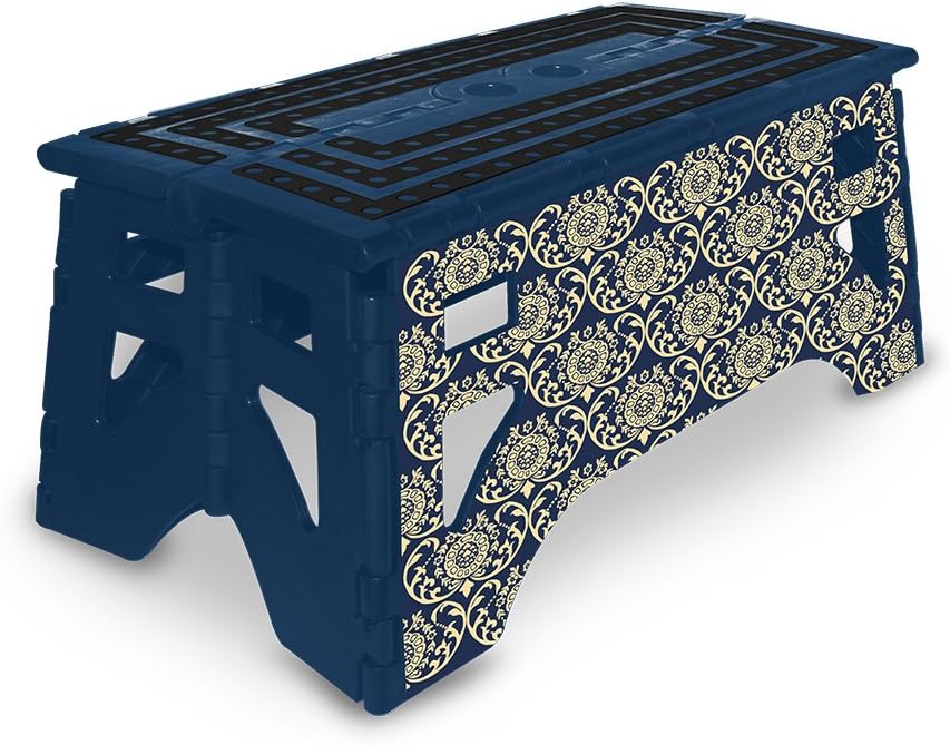 eXpace 13 Inch Wide Plastic Folding Step Stool for Adults, Supports up to 350 lbs, Non Slippery Multipurpose Platform, Royal Blue Damask