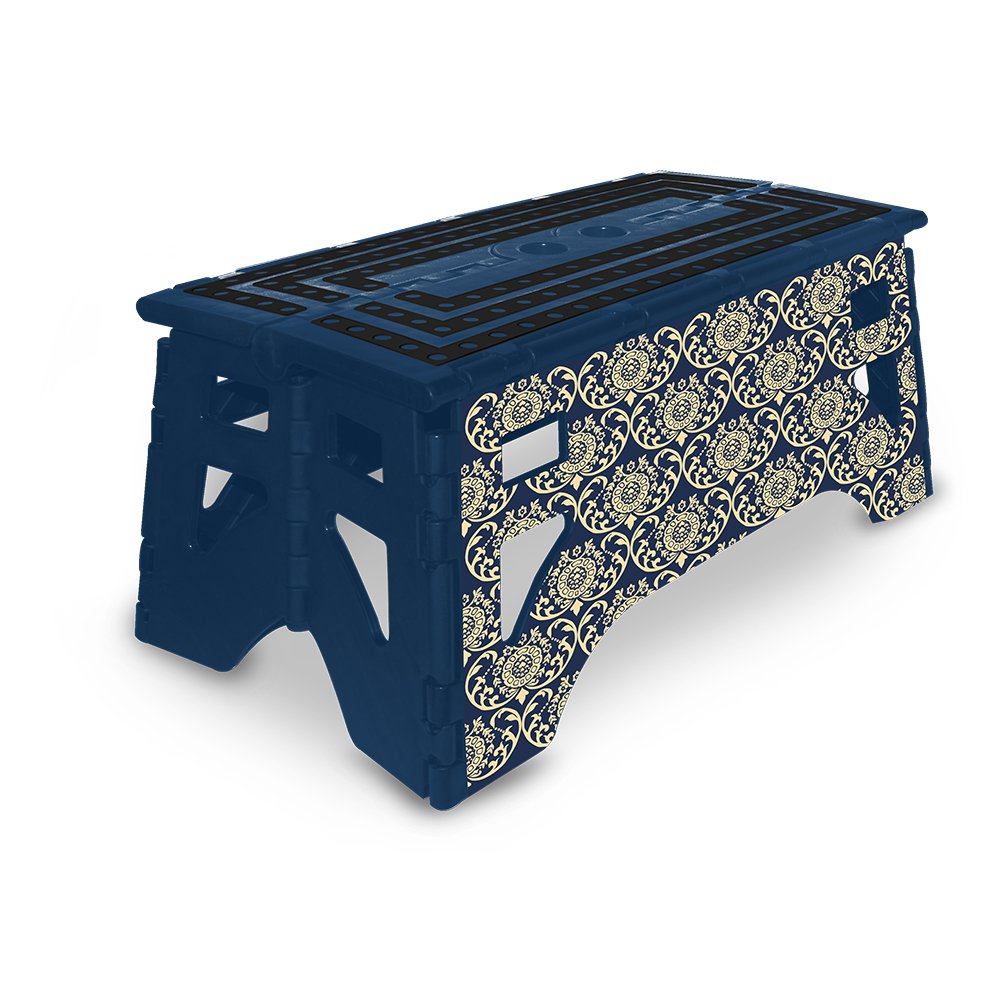 eXpace 13 Inch Wide Plastic Folding Step Stool for Adults, Supports up to 350 lbs, Non Slippery Multipurpose Platform, Royal Blue Damask