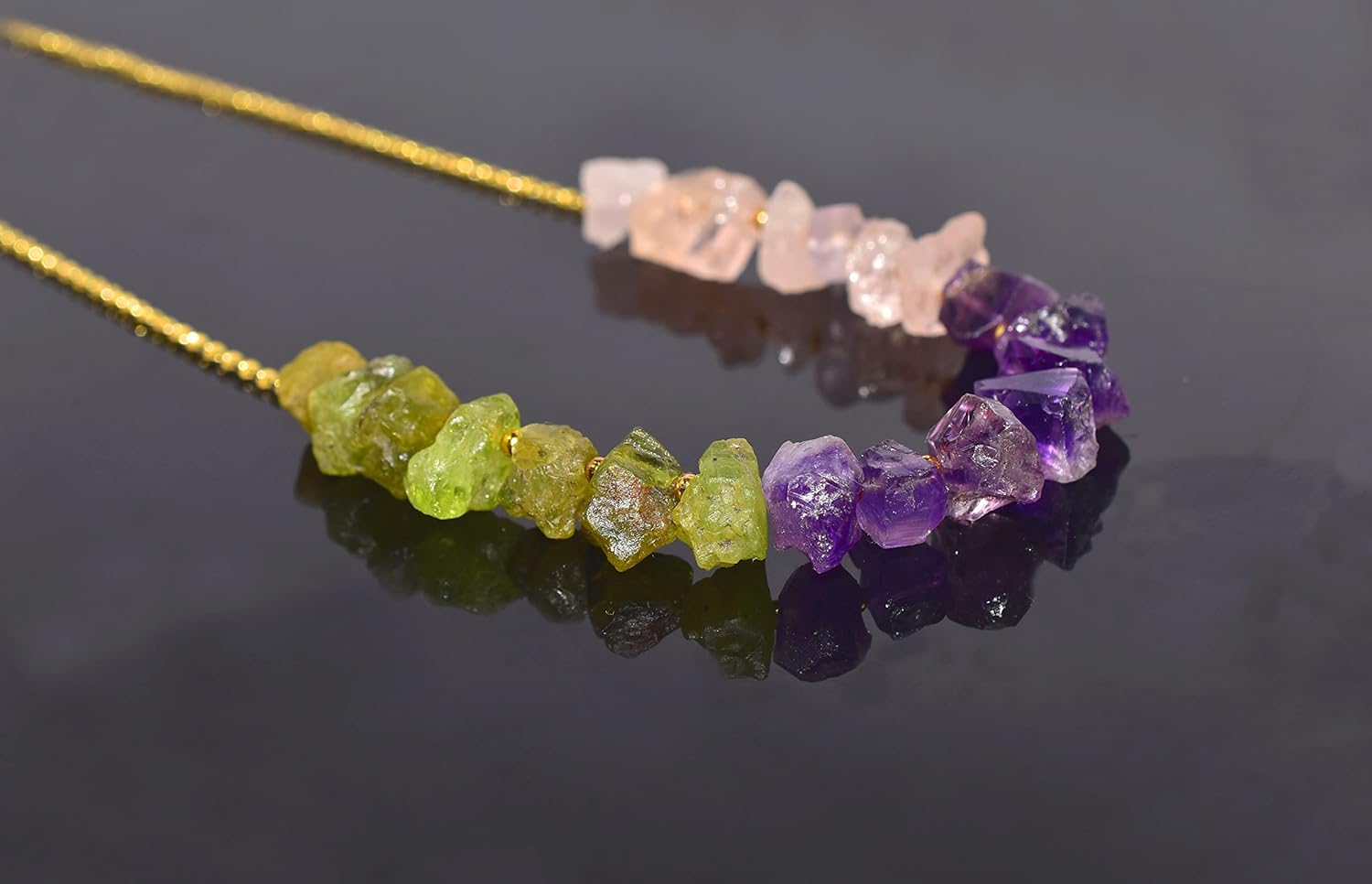 Natural Morganite Amythist Peridot Gemstone Bar Necklace for Women, Crystal Gems Healing Necklace, Chakra Stone Yoga Stone Necklace Meditation Gemstone Size 3-8 mm Approx (Gold-Plating) - Image 2