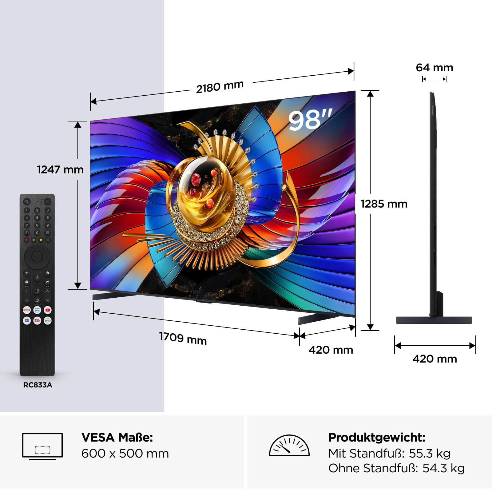 TCL 98Q7D Pro SQD-Mini LED 98 Zoll Fernseher, 4K Smart TV, Google TV | 1152 Dimming-Zonen, 2000 Nits Spitzenhelligkeit, Dolby Vision IQ & Atmos, 2.1 Onkyo Sound, 144 Hz VRR, AirPlay 2 & Alexa