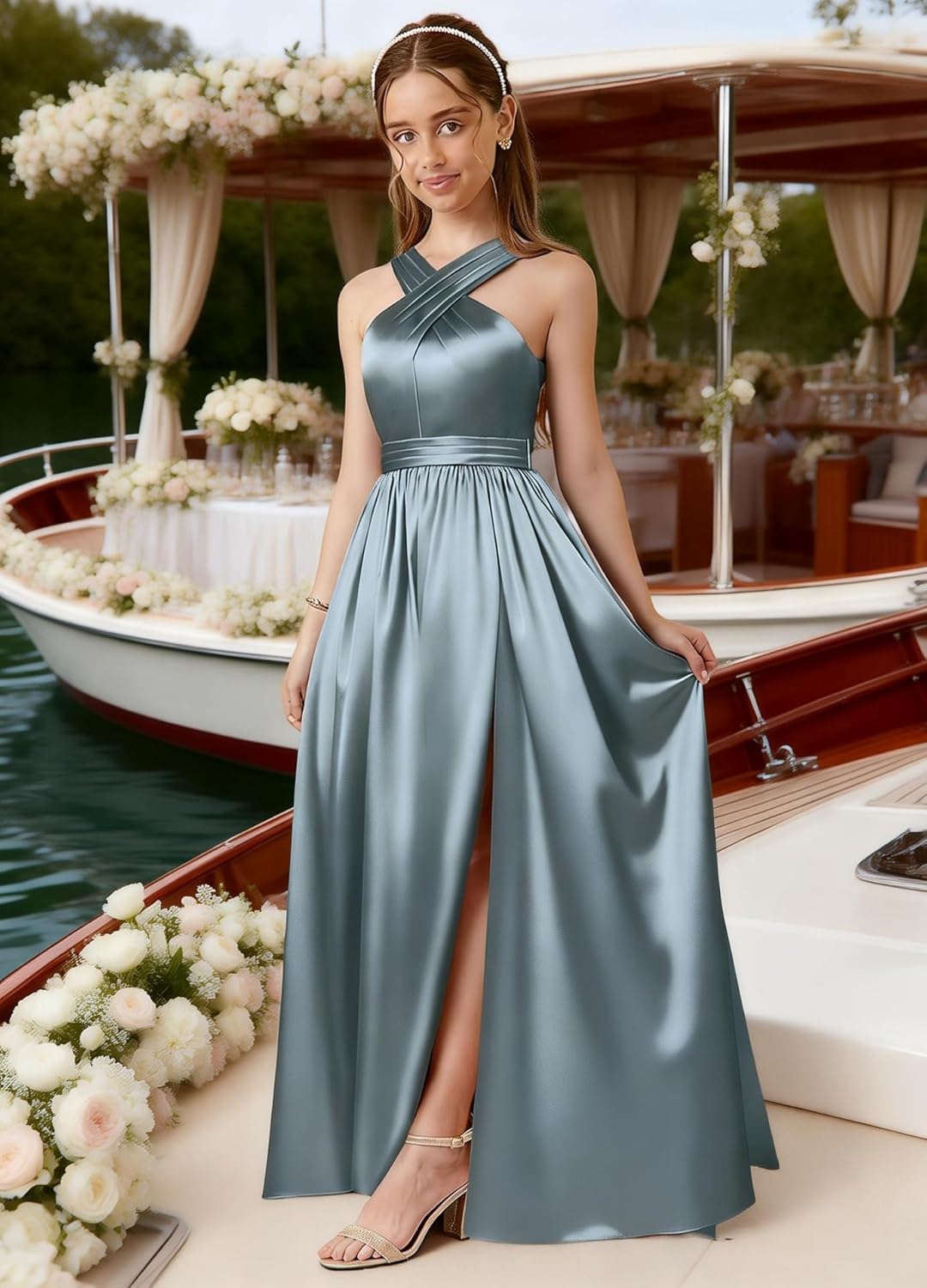 Junior Girls Bridesmaid Halter jr Bridesmaid Dresses for Teens Split Satin Flower Girl Formal Gown for Wedding