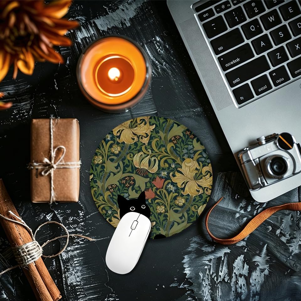 Vintage Floral Black Cat Round Mouse Pad for Desk 7.9x7.9 in image 3