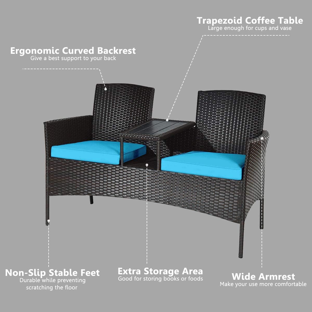 DORTALA Outdoor Patio Loveseat, Wicker Conversation Set with Cushions and Built-in Coffee Table, 2 Person Rattan Seating for Garden Lawn Backyard, Dark Brown+Turquoise