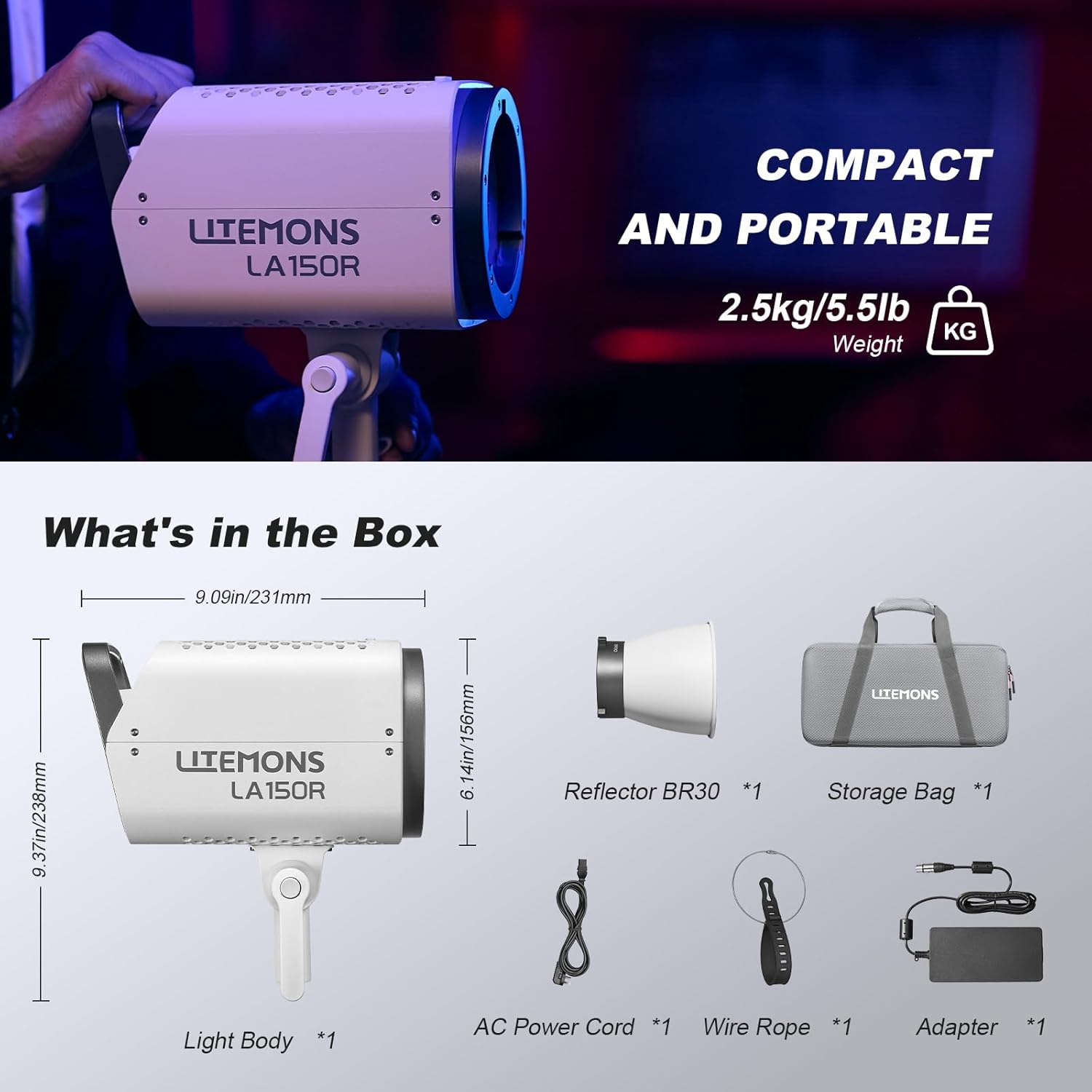 Godox LA150R RGB COB LED Video Light 165W 14 FX Effects CCT 1800K-10000K 52900Lux@1M APP Control Bowens Mount RGB Continuous outputing Light with Carry Bag for Studio Photography Shooting Videography