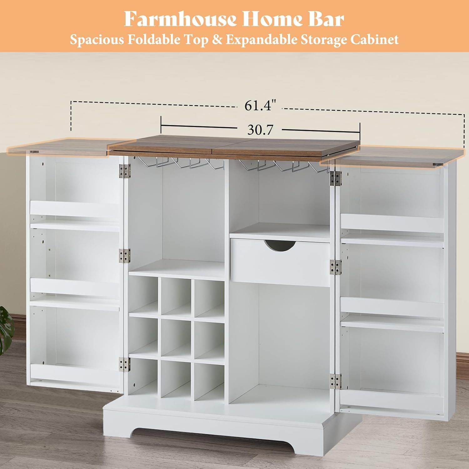 AMERLIFE 61" Farmhouse Bar Cabinet with 9 Wine Racks, Folding Storage Wine Liquor Cabinet, Expandable Coffee Bar Station with Drawer, Mini Bar, Home Bar for Kitchen Dining Room, Rustic White