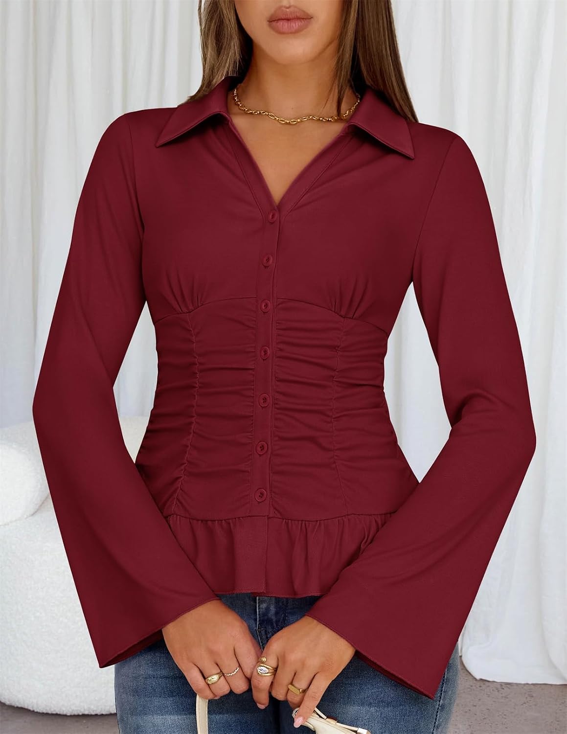 MEROKEETY Women's Long Sleeve Button Down Shirts 2026 Fall Collared Ruched V Neck Business Casual Tops Ruffle Knit Blouses