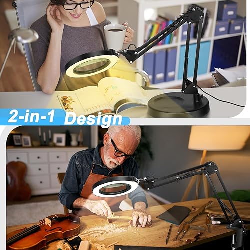 Miniatura 3 de Lupa 10X con luz y soporte, 5 modos de color, lupa iluminada 2 en 1 regulable sin escalones con abrazadera, lámpara de escritorio LED manos libres