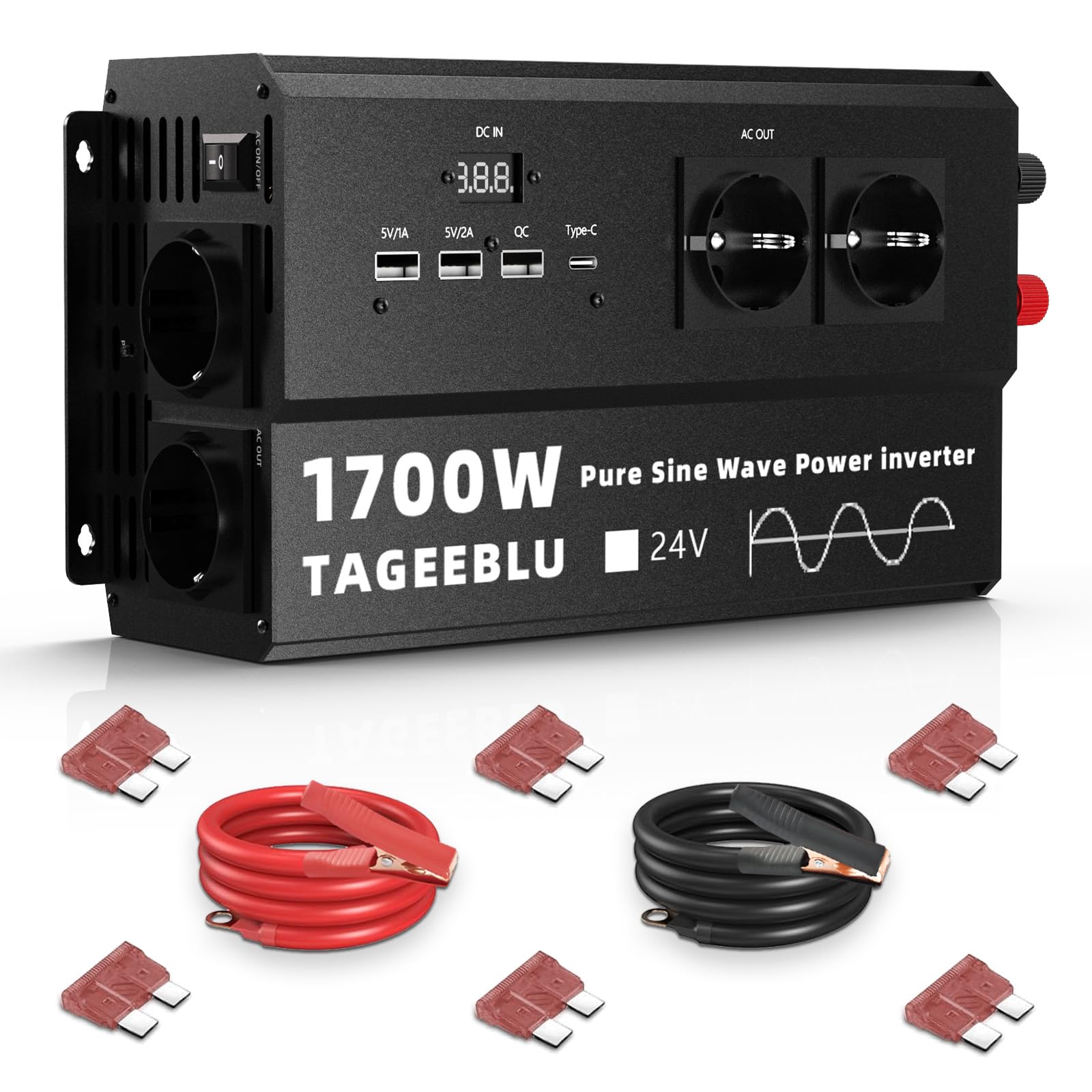 1700W Inversor 24v 220v Onda Pura, Transformador 24v a 220v camion con Clip de cocodrilo, 4 Toma de Corriente UE, 3 interfaces USB-A, TypeC 30W y Pantalla LCD