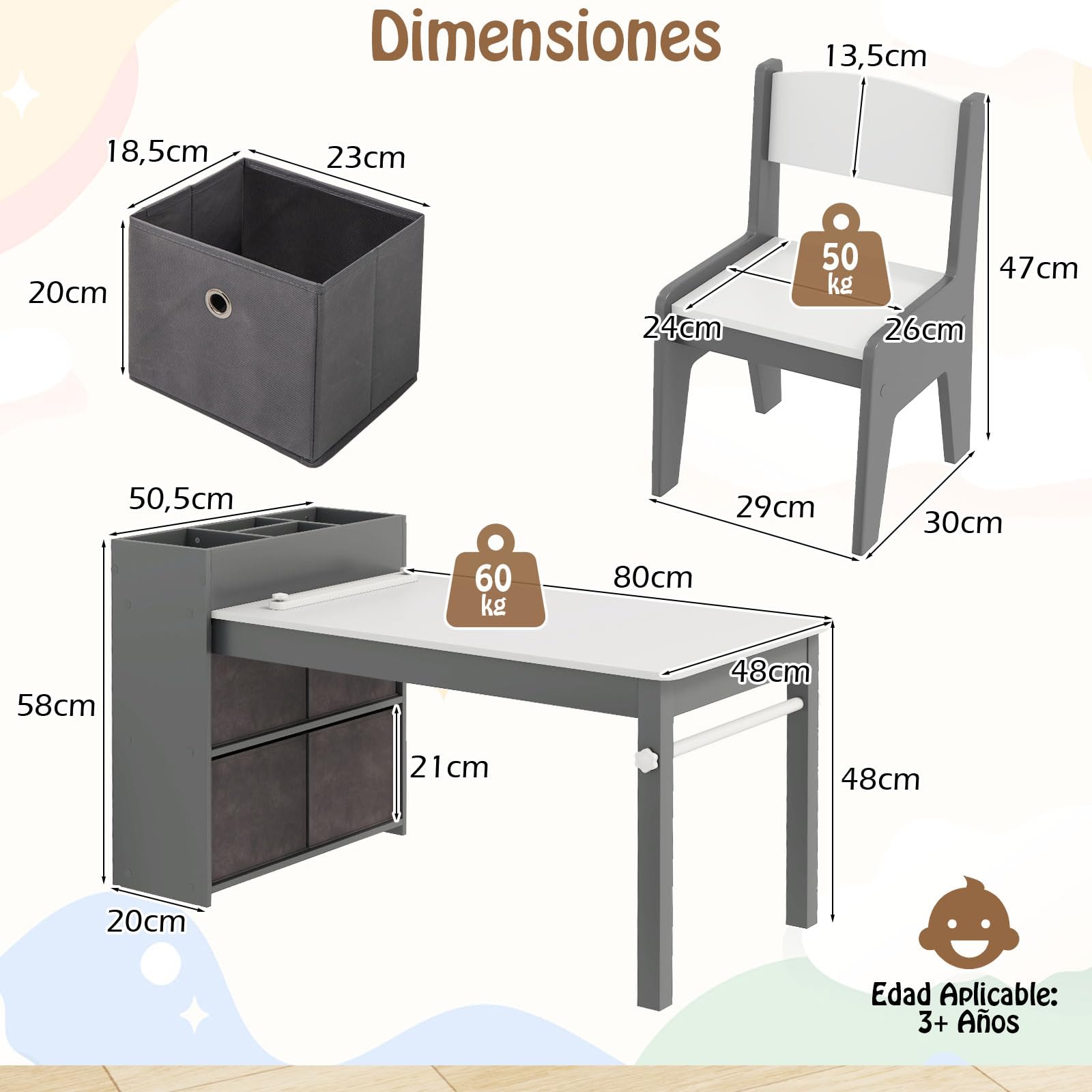 COSTWAY Juego de Mesa y Sillas para Niños, Escritorio de Dibujo con 2 Sillas, Rollos de Papel y Soporte para Papel, Compartimentos y Estantes Abiertos,4 Cestas,Mesa de Actividades para Niños (Gris)
