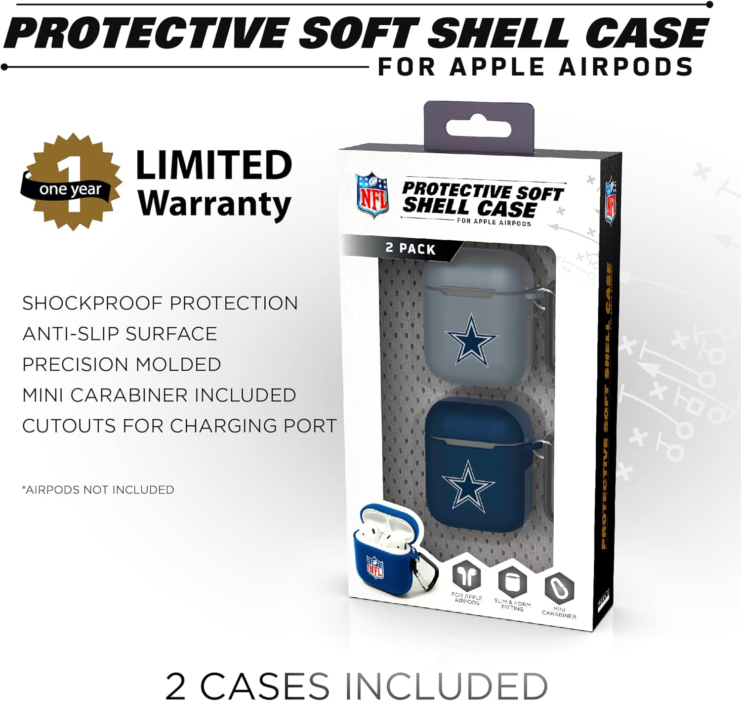 SOAR NFL Unisex Protective Case for Apple Airpods - 2 Pack