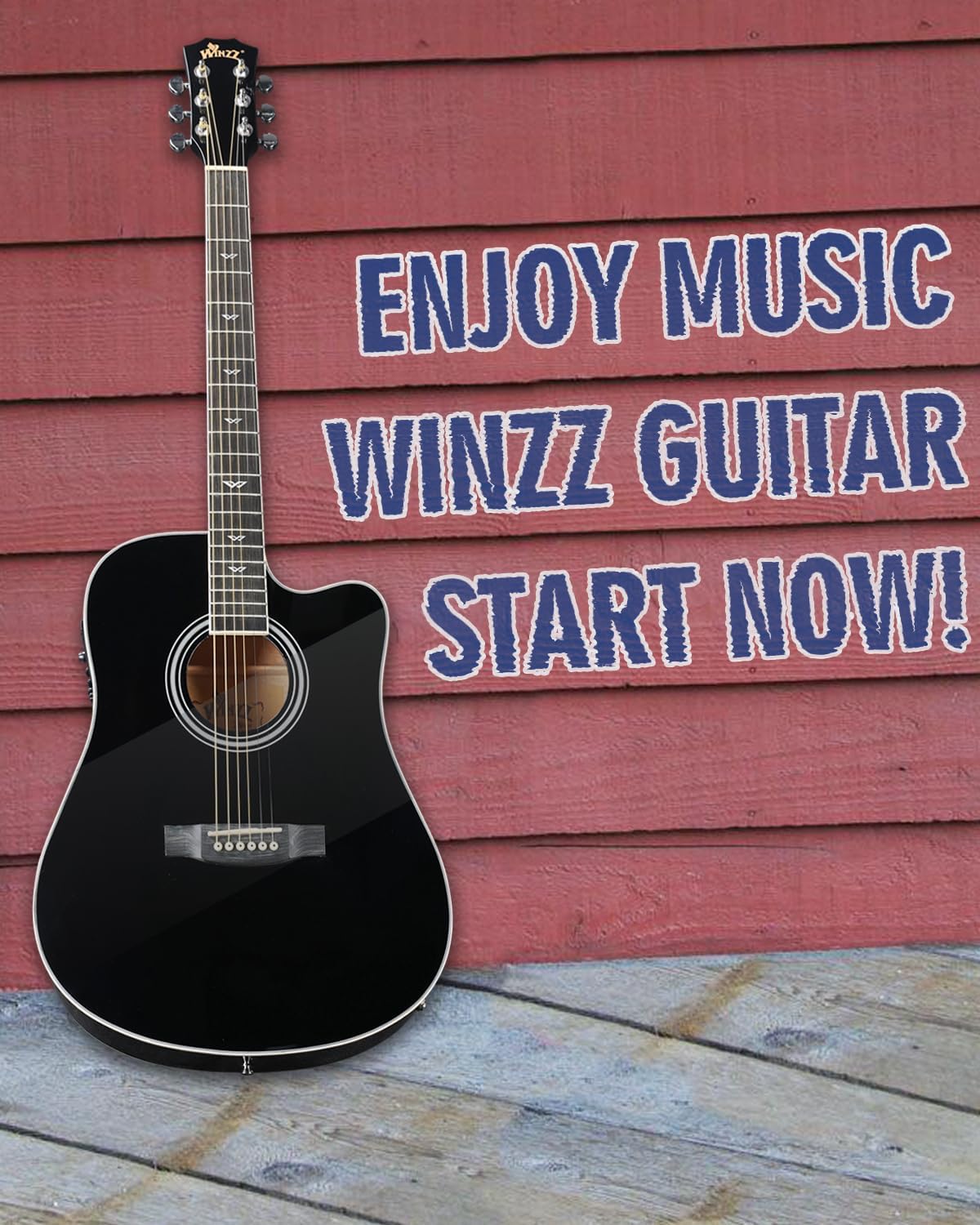 Winzz Acoustic-Electric Guitar 4/4 Full Size for Adults Beginners and Teens, 6 Steel-String Acustica Guitarra Starter Kit, 4-Band Equaliser, 41" Dreadnought Cutaway, Glossy Black, Right Hand