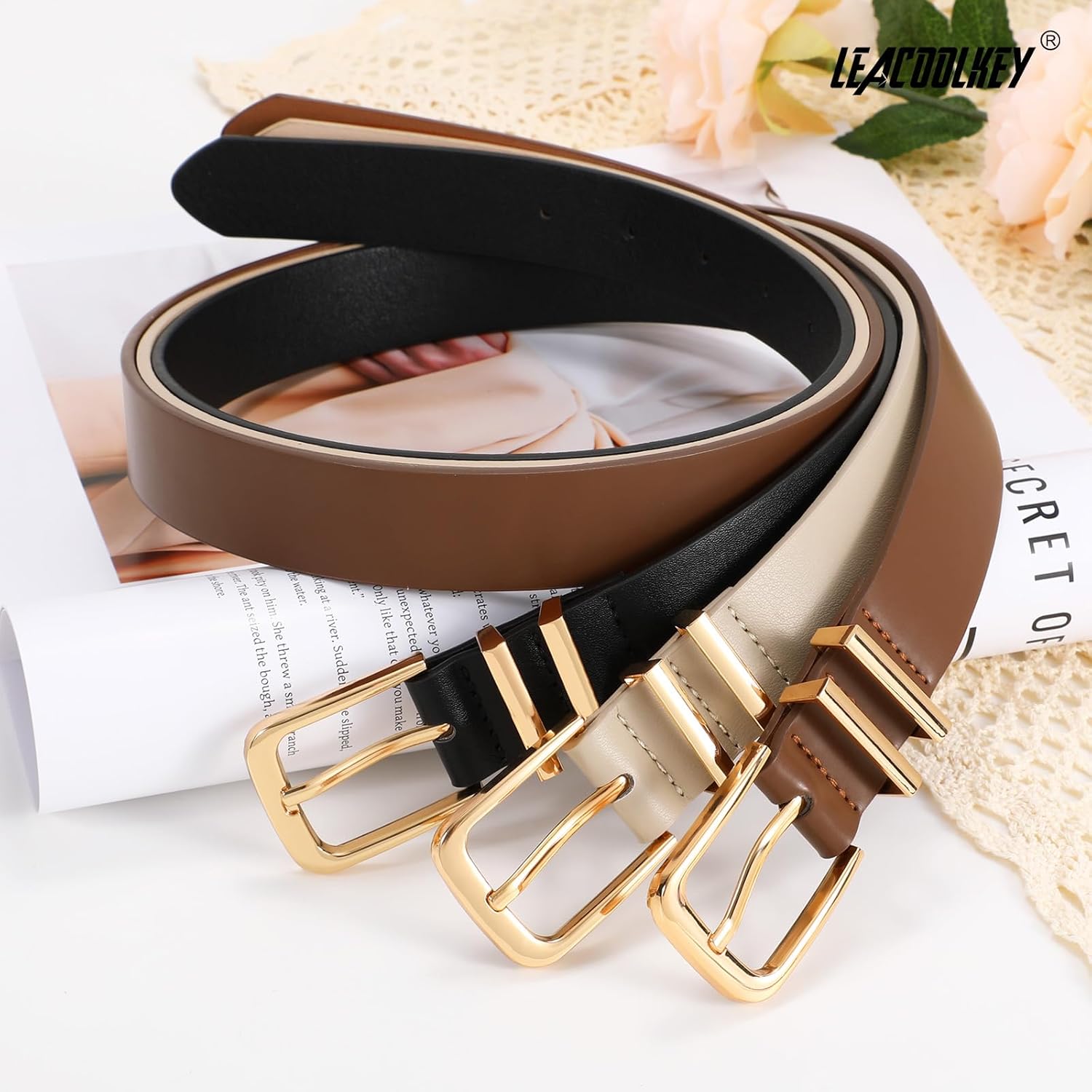 LEACOOLKEY 3 Pack Women's Leather Belts for Jeans Dress Pants Fashion Ladies Leather Belts with Gold Buckle - Image 5