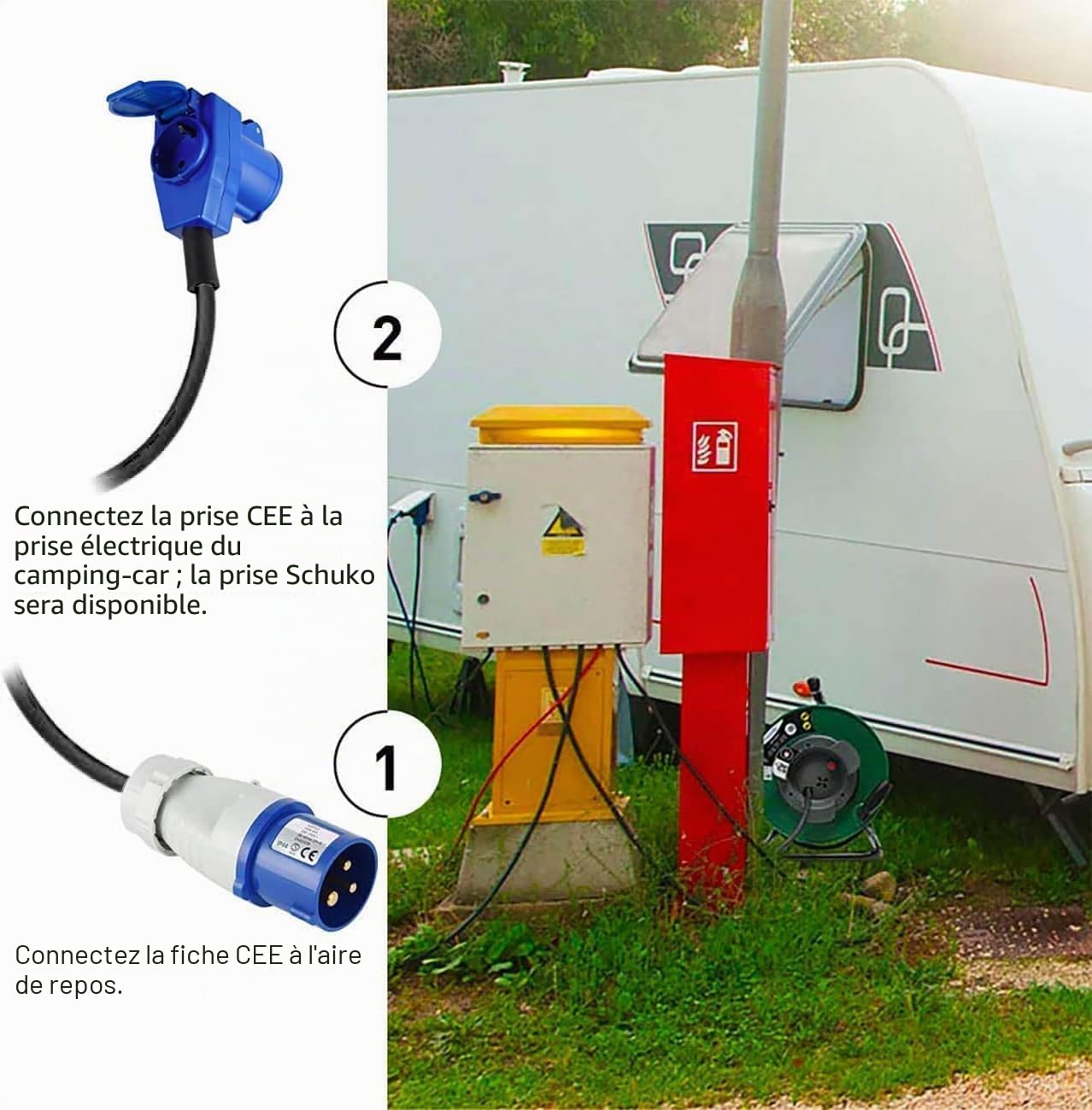 Electraline 49207 Rallonge avec enrouleur de câble 20M pour camping-car, camping, caravane, IP44, 2 prises (industrielle + Schuko), câble AT-N07V3V3-F section 3G2.5