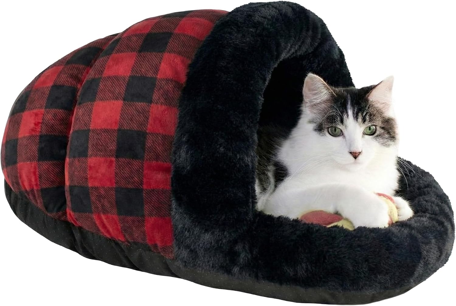 ASPCA Slipper Cave Bed for Cats & Small Pets, 23" x 17, Red Buffalo Plaid | Soft plush enclosed pet bed gives indoor cats, kittens and small pets a cozy place to curl up, sleep and lounge.