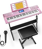 Donner DEK-610S 61-Key Electric Piano Keyboard Kit: 249 Voices, 249 Rhythms, Stand, Bench, Mic - Pink Beginner Gift
