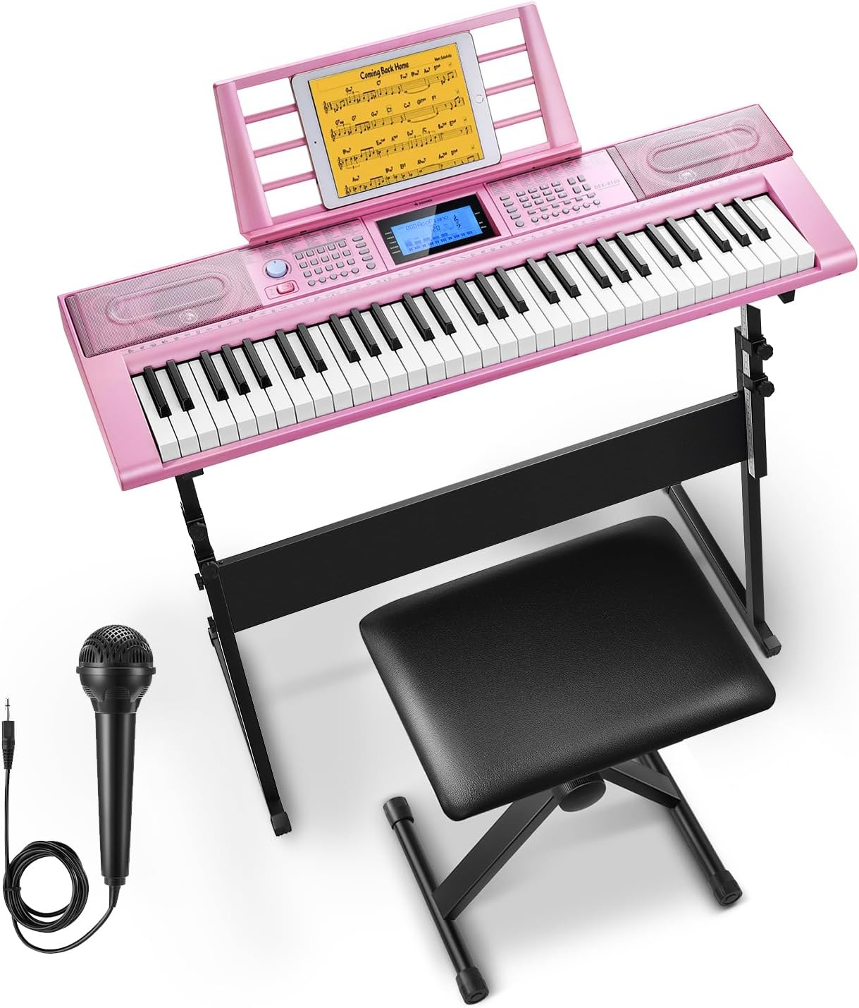 Donner Keyboard Piano 61 Key, Electric Keyboard Kit with 249 Voices, 249 Rhythms - Includes Piano Stand, Stool, Microphone, Beginner Gift, Pink (DEK-610S)